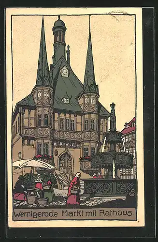 Steindruck-AK Wernigerode, Markt mit Rathaus