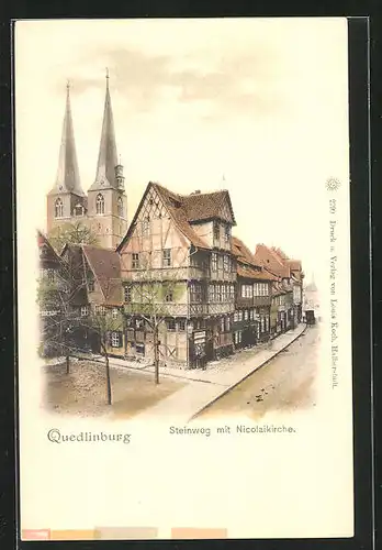 AK Quedlinburg, Strasse am Steinweg mit Nicolaikirche