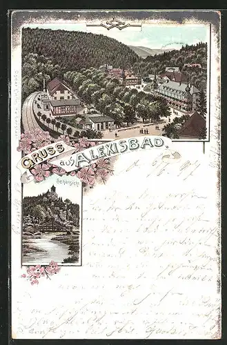 Lithographie Alexisbad, Hotel aus der Vogelschau, Uferpartie an der Schönsicht