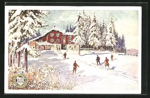 Künstler-AK Pinggau-Schaueregg, Gaststätte Hallerhaus am Wechsel mit Skifahrern im Schnee