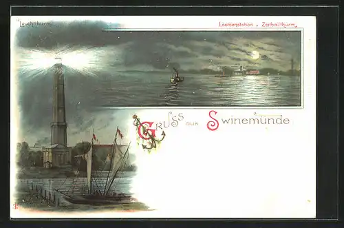 Lithographie Swinemünde, Lootsenstation und Zeitballthurm, Leuchtthurm in Betrieb