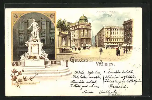 AK Wien, Albrechtsplatz mit Passanten, Mozart-Denkmal