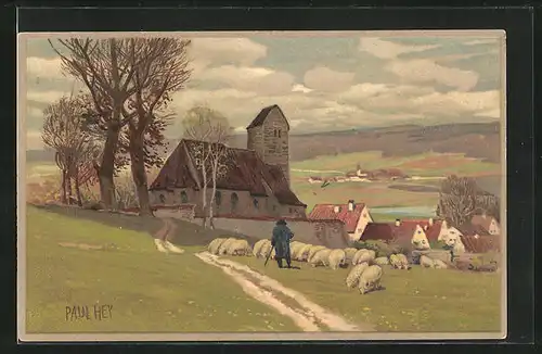 Künstler-Lithographie Paul Hey: Schäfer mit Herde vor einem Dorf