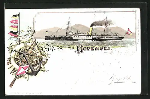 Lithographie Salon-Dampfer auf dem Bodensee