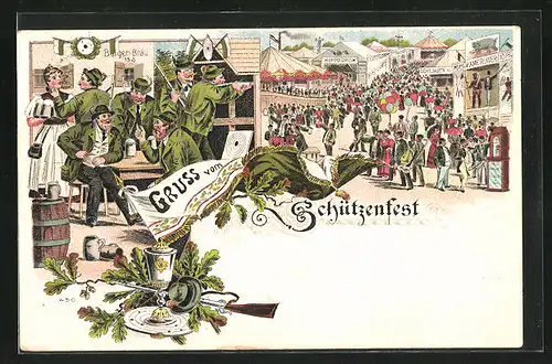 Lithographie Schützenfest, Festplatz, Schützen beim Wettschiessen