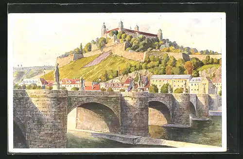 AK Würzburg, Mainbrücke, Blick zur Festung