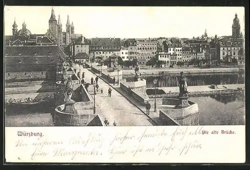 AK Würzburg, Alte Mainbrücke aus der Vogelschau