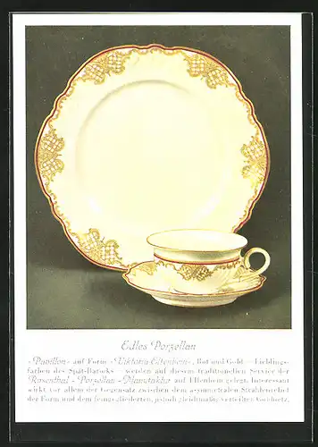 AK Teller und Tasse Pavillon auf Form Viktoria , Rosenthal-Porzellan-Manufaktur