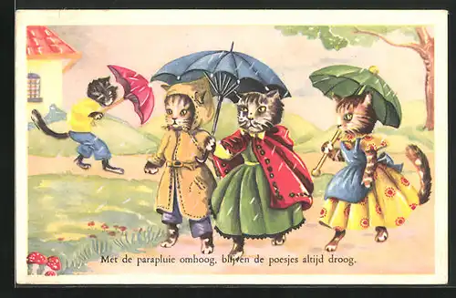 AK Junge Katzenmädchen machen einen Spaziergang im Regen, vermenschlichte Tiere