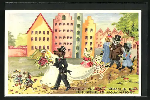 AK Katze und Hund feiern Hochzeit, vermenschlichte Tiere