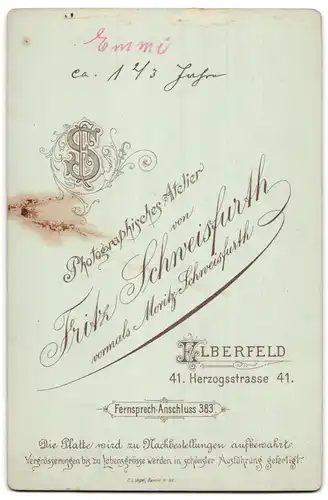 Fotografie Fritz Schweisfurth, Elberfeld, Herzogsstrasse 41, Portrait niedliches Kleinkind im weissen Kleid