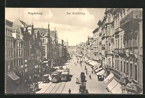 AK Magdeburg, Strassenbahnen auf Strasse Breiteweg