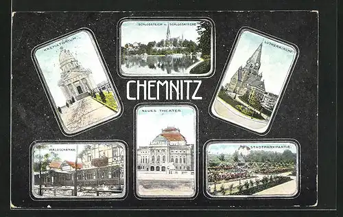 AK Chemnitz, Schlossteich u. Schlosskirche, Lutherkirche, Krematorium