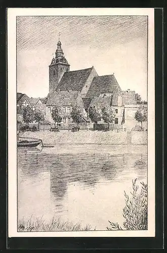 Künstler-AK Havelberg, St. Laurentiuskirche mit Havel