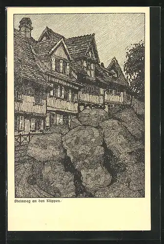 Künstler-AK Quedlinburg, Steinweg an den Klippen am Schlossberg