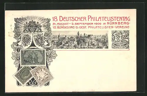 Künstler-AK Nürnberg, 18. Deutscher Philatelistentag 1906-10. Bundestag D.-Oest. Philatelisten-Vereine, Ganzsache Bayern