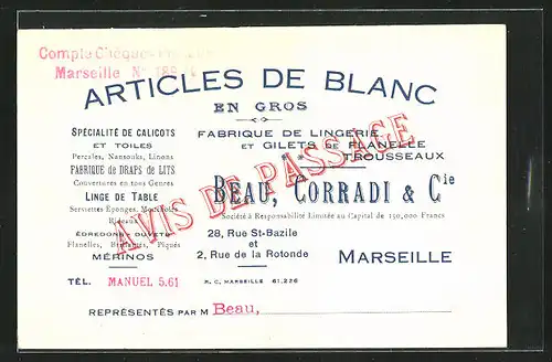 AK Marseille, Articles de Blanc, Fabrique de Lingerie et Gilets de Flanelle Trousseaux