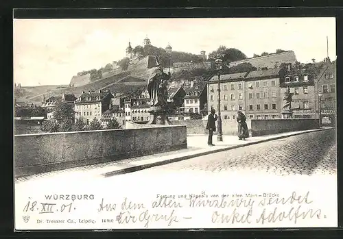 AK Würzburg, Festung und Käppele von der alten Main-Brücke aus gesehen, Mainufer
