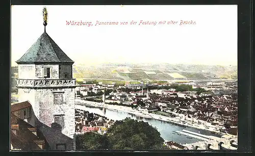 AK Würzburg, Ortsansicht von der Festung mit alter Main-Brücke