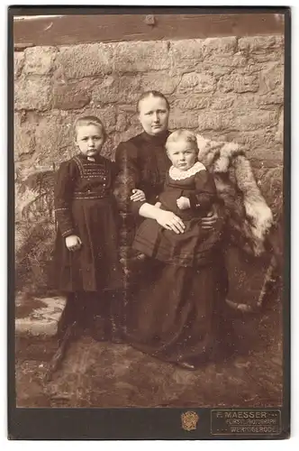 Fotografie F. Maesser, Wernigerode, Portrait bürgerliche Dame mit kleiner Tochter und Kleinkind