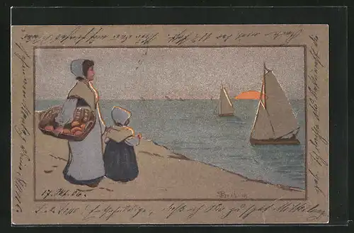 Künstler-AK S. Barham: Frau mit Kind am Strand mit Segelbooten