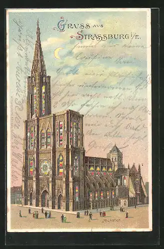 Lithographie Strassburg, Münster, Halt gegen das Licht: Buntbeleuchtete Fenster