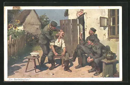 AK Ein Bartkünstler, Soldaten in Uniform beim Friseur
