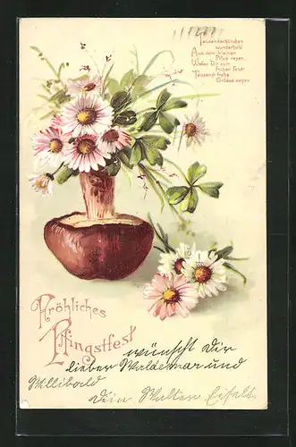 Präge-AK Tausendschönchen und Pilz, Pfingstgruss