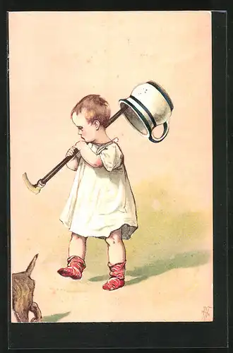 Präge-AK Kleines Kind trägt Nachttopf über der Schulter, Toilettenhumor
