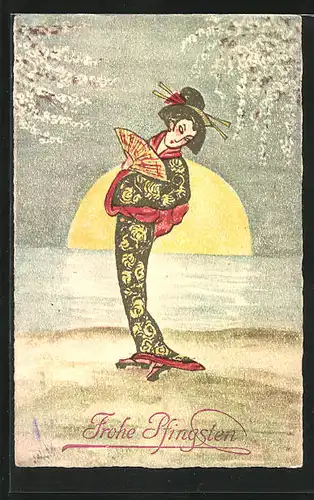 AK Japanerin im Kimono mit Fächer, Pfingstgruss