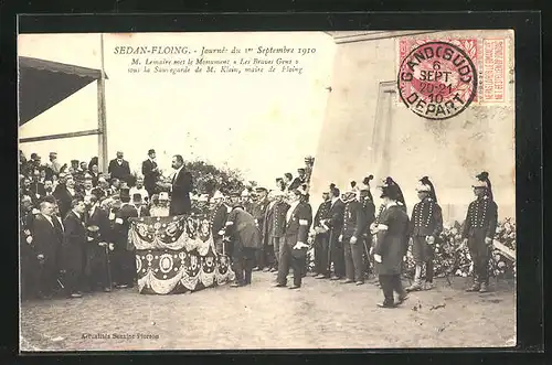 AK Sedan-Floing, Jounée du Septembre 1910, M. Lemaire met le Monument