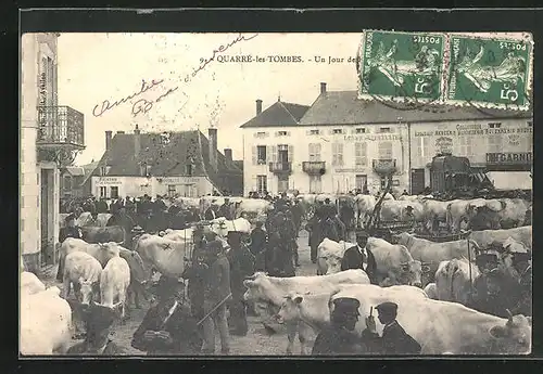 AK Quarré-les-Tombes, Marktplatz mit Kühen