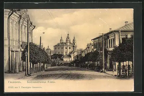 AK Smolensk, Blagowschenska Strasse mit Blick zur Kirche