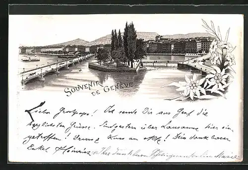 Vorläufer-Lithographie Geneve, 1893, Brücke und Île Rousseau
