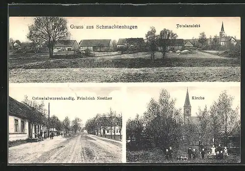 AK Schmachtenhagen, Colonialwarenhandlung Friedrich Noether, Kirche, Totalansicht
