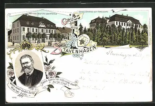 Lithographie Stavenhagen, Rathaus Reuters Geburtshaus, Schloss Schauplatz der Franzosenttd