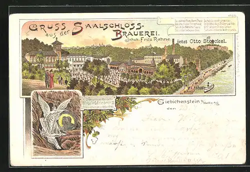 Lithographie Halle / Saale, Gasthaus Saalschloss-Brauerei, Inh. Fritz Rahne