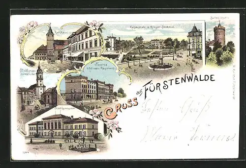 Lithographie Fürstenwalde a. d. Spree, Städt. Gymnasium, Kaserne