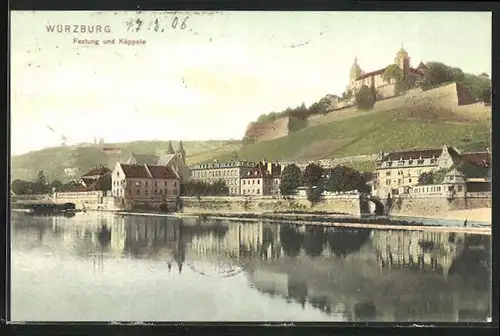 AK Würzburg, Festung und Käppele vom Mainufer aus gesehen