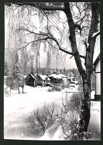 Fotografie Löhrich, Gröbenzell, Ansicht Schierke / Harz, Blick in den verschneiten Ort