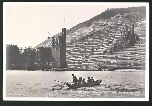 Fotografie H. Siebenhar, Cöln, Ansicht Bingen, Mäuseturm und Ruine Ehrenfels