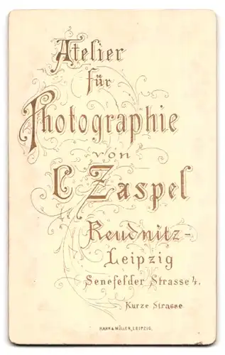 Fotografie C. Zaspel, Reudnitz, Portrait bürgerlicher Herr mit Krawatte und Zwirbelbart