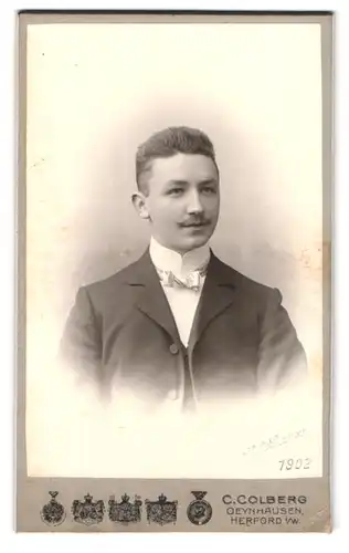 Fotografie C. Colberg, Bad Oeynhausen, Klosterstrasse 13, Portrait junger Mann im Anzug mit Fliege