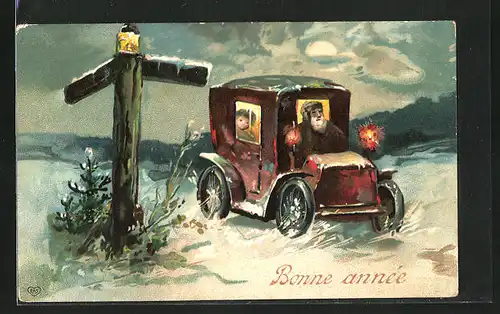 AK Mann und Kind im Auto fahren durch den Schnee, Neujahrsgruss