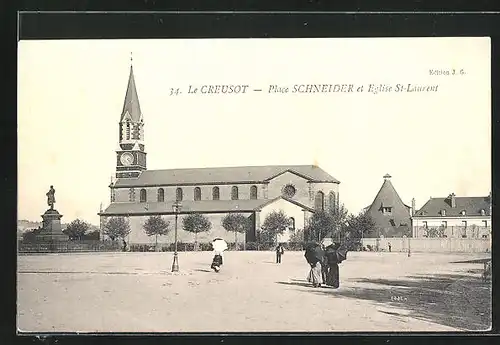 AK Le Creusot, Place Schneider et Eglise St-Laurent