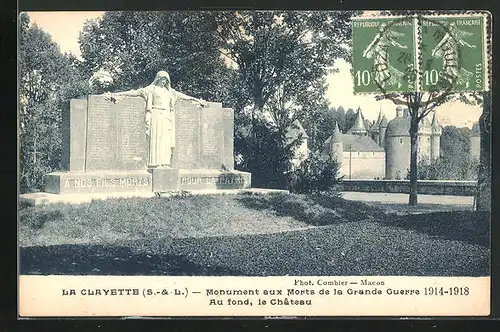 AK La Clayette, Monument sux Morts de la Grande Guerre, Au fond, le Château