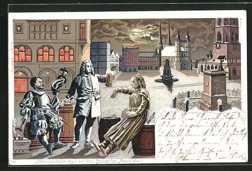 Lithographie Halle / Saale, Mitternachtsphantasie auf dem Marktplatz