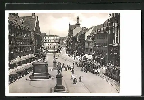 AK Chemnitz, Blick auf den Markt mit Denkmal und Strassenbahn