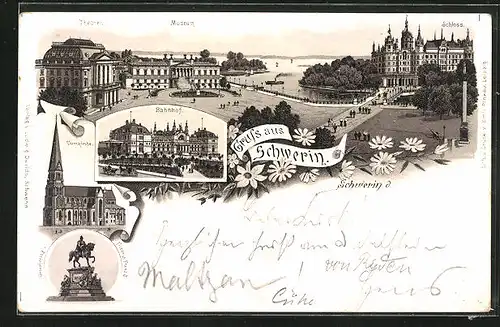 Lithographie Schwerin, Bahnhof, Theater mit Museum und Schloss