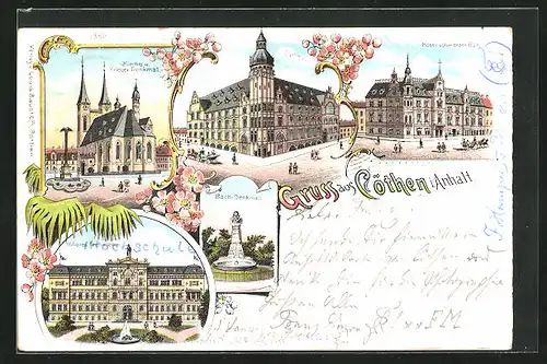 Lithographie Cöthen / Anhalt, Hotel schwarzer Bär, Bach-Denkmal, Rathaus